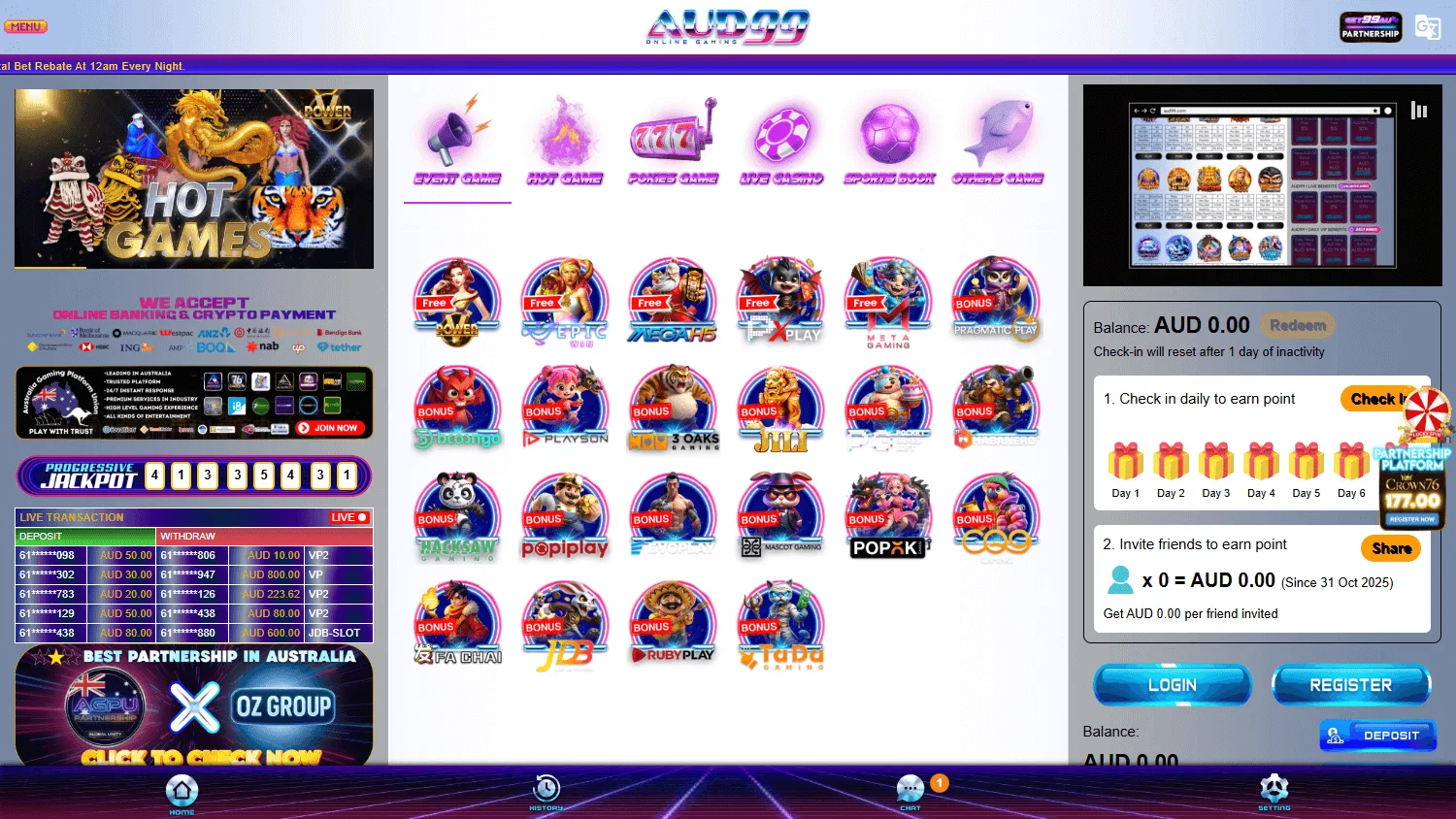 AUD99 Casino desktop home experience with AUD wallet and casino categories