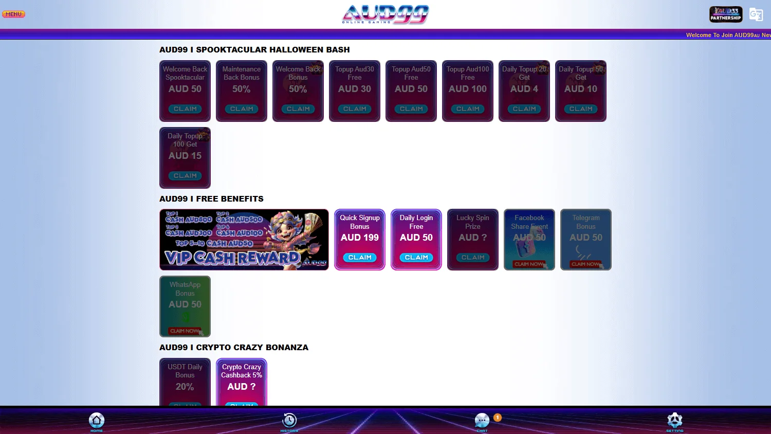 AUD99 Casino desktop promotions area with welcome and deposit offers