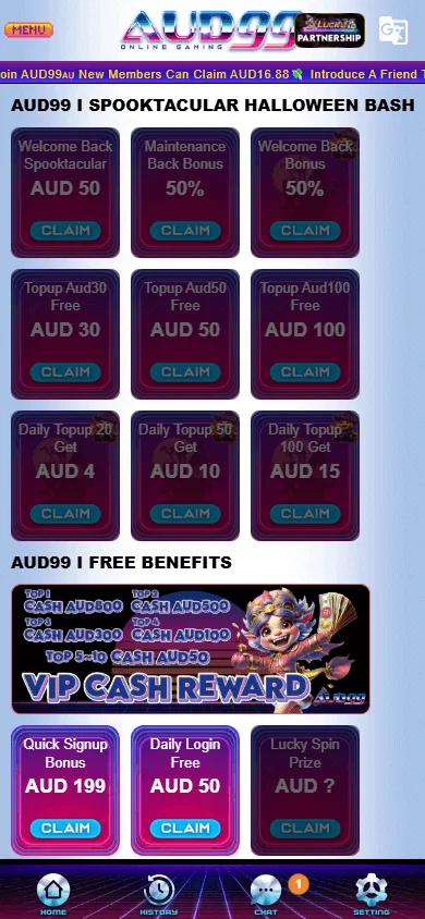 AUD99 Casino mobile promotions area with bonus and reward options
