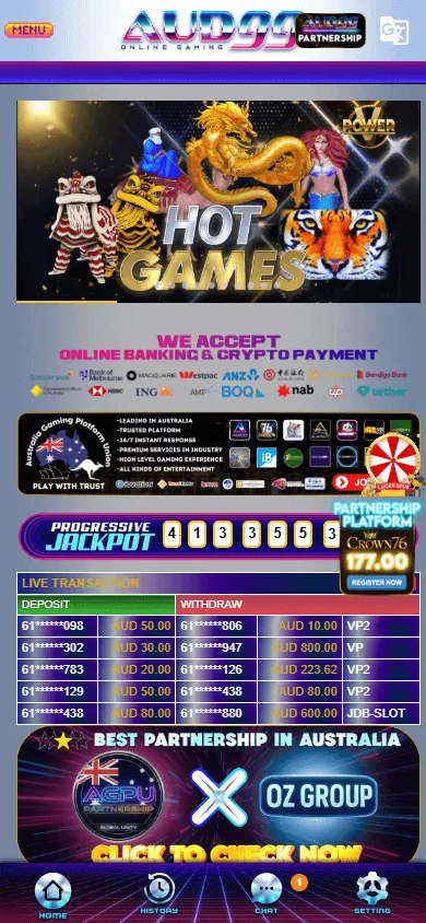 AUD99 Casino mobile home experience with AUD balance and category access